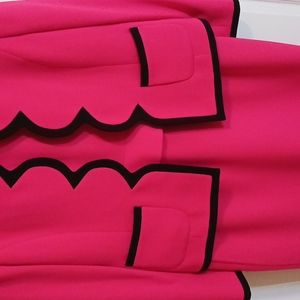Fuschia Dress and jacket. Black scalloped piping around jacket,trim on pockets